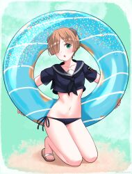 Rule 34 | 1girl, absurdres, animal ears, bikini, blue bikini, blush, breasts, brown hair, collarbone, dog ears, dress, green eyes, hair over one eye, highres, hiroshi (hunter-of-kct), innertube, joanna elizabeth stafford, looking at viewer, luminous witches, navel, open mouth, sailor dress, sandals, short hair, side-tie bikini bottom, small breasts, solo, swim ring, swimsuit, world witches series