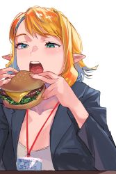Rule 34 | 1girl, blonde hair, blue jacket, burger, collarbone, commentary, eating, elf, food, green eyes, highres, holding, holding food, id card, jacket, looking at food, open mouth, original, pointy ears, rasetsu001, shirt, short hair, simple background, solo, teeth, unbuttoned, upper body, upper teeth only, white background, white shirt