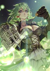 Rule 34 | 1girl, breasts, capelet, choker, cleavage, commission, flask, green hair, grey eyes, hair between eyes, highres, kionaoki, large breasts, long hair, looking at viewer, original, potion, prosthesis, prosthetic arm, round-bottom flask