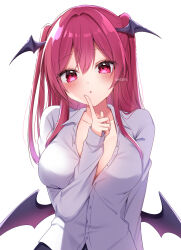 Rule 34 | 1girl, black skirt, black wings, blush, breasts, collarbone, demon wings, fingernails, hair between eyes, head wings, highres, index finger raised, koakuma, large breasts, long hair, long sleeves, looking at viewer, parted lips, red eyes, red hair, shinonome asu, shirt, simple background, skirt, solo, touhou, twitter username, upper body, white background, white shirt, wings