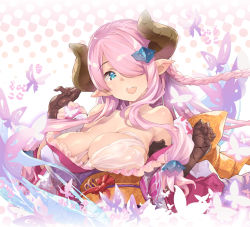 Rule 34 | 1girl, alternate costume, bare shoulders, blue eyes, braid, breasts, bug, butterfly, butterfly background, collarbone, commentary request, draph, elbow gloves, gloves, granblue fantasy, hair ornament, hair over one eye, hair over shoulder, highres, insect, japanese clothes, katana, kimono, large breasts, light purple hair, long hair, low tied hair, narmaya (granblue fantasy), narmaya (visions of butterflies) (granblue fantasy), open mouth, purple kimono, sidelocks, single braid, solo, sword, thomasz, upper body, weapon