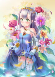 Rule 34 | 10s, 1girl, bare shoulders, blue dress, clothes lift, dress, elbow gloves, flower, garter straps, gloves, green eyes, himonoata, jewelry, looking at viewer, necklace, outbreak company, petals, petralka anne eldant iii, purple hair, skirt, skirt lift, solo, td, thighhighs, tiara, white gloves