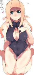 Rule 34 | 1girl, 2015, artist name, bad id, bad twitter id, barefoot, black one-piece swimsuit, blonde hair, blue eyes, blush, breasts, center opening, covered navel, dated, elf, front zipper swimsuit, hand on own chest, heart, large breasts, long hair, meme attire, one-piece swimsuit, original, osuman toruko, pointy ears, sidelocks, sitting, smile, solo, sweat, swimsuit, wariza, wide hips