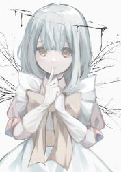 Rule 34 | 1girl, absurdres, angel, bow, dress, expressionless, gloves, halo, highres, index finger raised, kitsunemiyoru, liquid halo, long hair, looking to the side, original, short sleeves, white hair, wings, yellow eyes