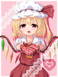 Rule 34 | 1girl, :d, ascot, blonde hair, blush, box, collarbone, cowboy shot, crystal, flandre scarlet, foreshortening, gift, gift box, hat, hat ribbon, highres, incoming gift, looking at viewer, mob cap, open mouth, red eyes, red ribbon, red skirt, red vest, ribbon, side ponytail, skirt, skirt set, smile, solo, touhou, u2 (5798239), valentine, vest, wings