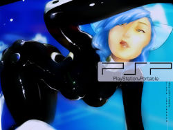 Rule 34 | 1girl, blue hair, bodysuit, diana jakobsson, handheld game console, latex, latex suit, original, personification, playstation portable, product girl, shiny clothes, solo, sony, studiostrawberri, wallpaper