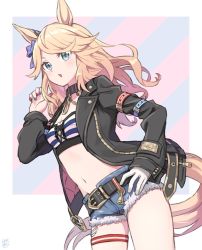 Rule 34 | 1girl, animal ears, bandeau, belt, belt buckle, black jacket, blonde hair, blue eyes, blue nails, botamochi (exwelder), breasts, buckle, collar, denim, denim shorts, gloves, gold city (umamusume), horse ears, horse girl, horse tail, jacket, light blush, long hair, long sleeves, looking at viewer, midriff, nail polish, navel, open clothes, open jacket, open mouth, red nails, short shorts, shorts, signature, single glove, small breasts, solo, tail, thigh strap, umamusume, white gloves