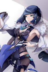 Rule 34 | 1girl, black hair, blue eyes, blunt bangs, bob cut, bracelet, breasts, chinese clothes, choker, cleavage, coat, coat on shoulders, commentary request, connexion, dice, earrings, fur-trimmed coat, fur trim, genshin impact, hand on own hip, highres, jewelry, looking afar, looking away, medium breasts, mole, mole on breast, parted bangs, short hair, sidelocks, simple background, sleeveless, solo, vision (genshin impact), yelan (genshin impact)