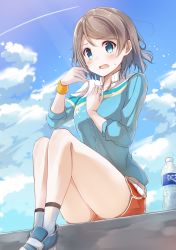 Rule 34 | 10s, 1girl, absurdres, blue eyes, blue sweater, blush, bottle, brown hair, cloud, cloudy sky, contrail, day, from below, highres, legs together, love live!, love live! school idol festival, love live! sunshine!!, open mouth, outdoors, red shorts, short hair, short shorts, shorts, sitting, sky, socks, solo, sonoko neko, sweatdrop, sweater, thighs, watanabe you, water bottle, white socks, wrist cuffs