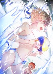 Rule 34 | 1boy, 1girl, = =, ahoge, artoria pendragon (all), artoria pendragon (fate), artoria pendragon (swimsuit archer) (fate), aura, ball, bare arms, bare shoulders, bikini, blonde hair, blue bow, blue ribbon, bow, bow bikini, braid, breasts, cowboy shot, d:, dutch angle, emiya-san chi no kyou no gohan, emiya shirou, facing another, fate/grand order, fate/stay night, fate (series), french braid, glowing, green eyes, groin tendon, h sueun, hair bow, hair bun, hair ribbon, highres, holding, holding ball, light particles, looking afar, navel, official alternate costume, open mouth, orange hair, playing sports, profile, ribbon, saber (fate), scared, shaded face, short hair, sidelocks, single hair bun, small breasts, solo focus, stomach, sweat, swimsuit, teeth, twitter username, upper teeth only, v-shaped eyebrows, volleyball, volleyball (object), white bikini