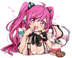 Rule 34 | 1girl, ahoge, black gloves, blush, breasts, cake, candle, cleavage, cream, eating, english text, fingerless gloves, food, fruit, garter straps, gloves, happy birthday, headphones, heart, kamiya zuzu, large breasts, long hair, open mouth, pink eyes, pink hair, rasis, ribbon, single glove, solo, sound voltex, strawberry, thighhighs, twintails, white background