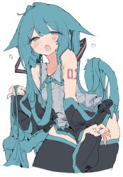 Rule 34 | 1girl, :3, animal ears, aqua eyes, aqua hair, aqua nails, black skirt, blush, boots, cat ears, cat tail, cowboy shot, detached sleeves, fang, fingernails, hatsune miku, heart, highres, kemonomimi mode, long hair, looking at viewer, microskirt, necktie, open mouth, otintin, pleated skirt, shirt, simple background, skindentation, skirt, sleeveless, sleeveless shirt, solo, tail, thigh boots, twintails, very long hair, vocaloid, white background