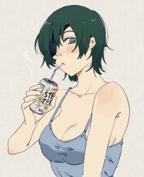 Rule 34 | 1girl, absurdres, breasts, camisole, chainsaw man, cleavage, drinking, drinking straw, eyepatch, green eyes, green hair, grey background, grey camisole, highres, himeno (chainsaw man), looking at viewer, medium breasts, momokan (meloco), short hair, simple background, solo, strong zero