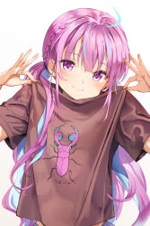 Rule 34 | 1girl, ahoge, animal print, arms up, blue hair, blush, braid, brown shirt, closed mouth, clothes writing, commentary request, hair between eyes, hair tie, highres, hololive, long hair, looking at viewer, minato aqua, multicolored hair, print shirt, purple eyes, purple hair, shirt, short sleeves, simple background, smile, solo, summer tail720, translation request, twintails, two-tone hair, upper body, very long hair, virtual youtuber, white background