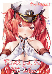 Rule 34 | 1girl, absurdres, artist name, azur lane, bare shoulders, between breasts, breasts, chain, cleavage, collar, double v, elbow gloves, gloves, hat, highres, honolulu (azur lane), large breasts, long hair, looking at viewer, makihige, metal collar, milestone celebration, military hat, necktie, necktie between breasts, orange eyes, peaked cap, red hair, roman numeral, simple background, solo, twintails, upper body, v, white background, white gloves, white hat