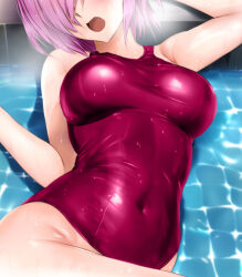 Rule 34 | 1girl, breasts, commentary request, covered navel, fate/grand order, fate (series), head out of frame, highleg, highleg swimsuit, large breasts, lying, mash kyrielight, one-piece swimsuit, open mouth, pool, purple hair, red one-piece swimsuit, school swimsuit, short hair, solo, swimsuit, water, wet, wet clothes, wet swimsuit, yadokari genpachirou