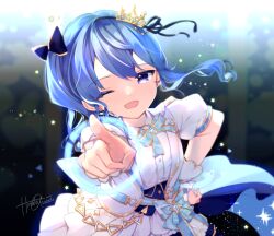 Rule 34 | 1girl, artist name, awai hinata, blue eyes, blue hair, blush, bow, crown, earrings, hair bow, hair ornament, hololive, hololive idol uniform, hololive idol uniform (bright), hoshimachi suisei, jewelry, long hair, one eye closed, open mouth, puffy short sleeves, puffy sleeves, ribbon, shirt, short sleeves, side ponytail, sidelocks, signature, skirt, smile, solo, sparkle, star (symbol), star in eye, symbol in eye, virtual youtuber
