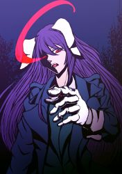 Rule 34 | 1girl, absurdres, animal ears, blazer, blouse, coat, collared shirt, floppy ears, forest, glowing, glowing eye, highres, jacket, long hair, long sleeves, nature, night, night sky, open mouth, outstretched arm, outstretched hand, purple hair, rabbit ears, reaching, reaching towards viewer, red eyes, reisen udongein inaba, shirt, sky, solo, standing, tagme, tongue, touhou, trench coat, weedhollow (dokuran)