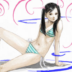 Rule 34 | 1girl, bad id, bad pixiv id, bikini, black hair, long hair, original, ponsuke (pon00000), realistic, solo, striped bikini, striped clothes, swimsuit, twintails