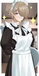 Rule 34 | 1girl, absurdres, alternate costume, apron, arm behind back, black dress, bow, brown hair, collared dress, commentary, dress, earrings, enmaided, frilled apron, frills, haerge, hair bun, hair over one eye, highres, honkai (series), honkai impact 3rd, jewelry, juliet sleeves, long sleeves, looking at viewer, maid, maid apron, maid headdress, parted lips, puffy sleeves, purple eyes, rita rossweisse, smile, solo, sparkle, tray, white apron, white bow