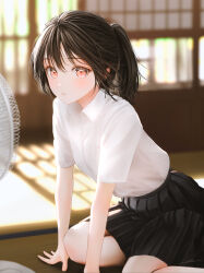 Rule 34 | 1girl, absurdres, black skirt, blush, braid, brown hair, collared shirt, commentary, electric fan, highres, indoors, kneeling, long hair, looking at viewer, ojay tkym, original, parted lips, pink eyes, pleated skirt, ponytail, shirt, short sleeves, skirt, solo, white shirt