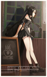 Rule 34 | 1girl, absurdres, bare shoulders, black dress, black footwear, black hair, breasts, cleavage, day, dreamer (girls&#039; frontline), dress, english text, full body, girls&#039; frontline, highres, long hair, medium breasts, outdoors, parted lips, reflection, revealing clothes, ronnie choy, sangvis ferri, shadow, shoes, sign, solo, standing, twintails, very long hair, window, yellow eyes