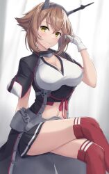 Rule 34 | 1girl, absurdres, ass, black skirt, blush, breasts, brown hair, cleavage, closed mouth, commentary request, gloves, green eyes, hair between eyes, headgear, highres, kantai collection, large breasts, looking at viewer, monoku, mutsu (kancolle), mutsu kai ni (kancolle), navel, pleated skirt, red thighhighs, short hair, skirt, smile, solo, thighhighs, white gloves