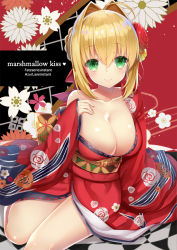 Rule 34 | 10s, 1girl, :&gt;, ahoge, alternate costume, bad id, bad pixiv id, blonde hair, blush, breasts, cleavage, collarbone, copyright name, english text, fate/extra, fate (series), floral background, floral print, flower, green eyes, hair flower, hair intakes, hair ornament, hair ribbon, hand on own chest, heart, japanese clothes, kimono, large breasts, lips, long sleeves, looking at viewer, nero claudius (fate), nero claudius (fate) (all), nero claudius (fate/extra), obi, off shoulder, red kimono, red ribbon, ribbon, ribbon trim, rose print, sash, shiny skin, short hair, sidelocks, single bare shoulder, sitting, sleeves past wrists, solo, tareme, thighs, wide sleeves, yuzu-aki