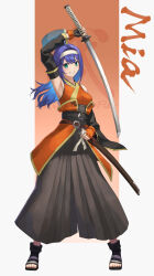 Rule 34 | 1girl, ahoge, alternate costume, bare shoulders, belt, black gloves, black hakama, breasts, character name, commentary, commentary request, detached sleeves, dot nose, fingerless gloves, fire emblem, fire emblem: path of radiance, full body, gloves, green eyes, hairband, hakama, holding, holding sheath, holding sword, holding weapon, japanese clothes, long hair, looking at viewer, medium breasts, mia (fire emblem), mixed-language commentary, nintendo, orange background, purple hair, sheath, smile, solo, sword, teeth, toes, two-tone background, weapon, white background, white hairband, yonaga nagaduki