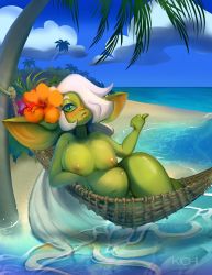 Rule 34 | beach, belly, breasts, colored skin, female goblin, flower, flower on head, goblin, green eyes, green skin, hammock, heart, heart-shaped pupils, highres, huffslove, kichiarts, large breasts, long hair, nude, one eye covered, original, pointy ears, regina (huffslove), shortstack, symbol-shaped pupils, very long hair