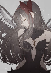 Rule 34 | 1girl, absurdres, akemi homura, akuma homura, bad id, bad twitter id, bare shoulders, black dress, black gloves, black hair, black wings, bow, choker, closed eyes, closed mouth, dress, elbow gloves, feathered wings, gloves, hair bow, hairband, highres, long hair, looking down, looking to the side, mahou shoujo madoka magica, mahou shoujo madoka magica: hangyaku no monogatari, misteor, red hairband, sidelocks, simple background, smile, solo, upper body, very long hair, wings