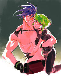 Rule 34 | 2boys, arm around back, bae (baebae), black gloves, black shirt, blue eyes, blue hair, galo thymos, gloves, green hair, half gloves, hand on own hip, highres, lio fotia, multiple boys, promare, purple eyes, shirt, size difference, t-shirt, topless male