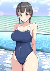 Rule 34 | 1girl, areola slip, arms behind back, black hair, blunt bangs, blush, breasts, cleavage, competition swimsuit, covered erect nipples, covered navel, green eyes, half-closed eyes, highres, kirigaya suguha, large breasts, legs, looking at viewer, one-piece swimsuit, pool, shinkai toro, short hair, smile, solo, strap pull, swimsuit, sword art online, thick thighs, thighs, water