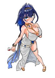 Rule 34 | 1girl, absurdres, backless dress, backless outfit, blue eyes, blue hair, breasts, cleavage, cocktail dress, cup, dress, drinking glass, evening gown, full body, hair intakes, halter dress, halterneck, highres, hololive, hololive english, koizumi arata, large breasts, looking at viewer, ouro kronii, plunging neckline, short hair, silver dress, simple background, solo, standing, virtual youtuber, white background, wine glass