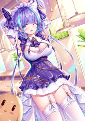 Rule 34 | 1girl, absurdres, animal ears, apron, aqua eyes, armpits, arms up, azur lane, blue eyes, blush, breasts, cheshire (azur lane), cleavage, detached sleeves, dress, fang, frilled hairband, frilled headband, frilled ribbon, frills, garter belt, garter straps, hairband, highres, indoors, lamp, large breasts, long ribbon, looking at viewer, maid, maid headdress, manjuu (azur lane), multicolored hair, one eye closed, plant, puffy detached sleeves, puffy sleeves, purple apron, purple hair, ribbon, shan far, skin fang, smile, solo, streaked hair, thighhighs, white thighhighs, wrist cuffs