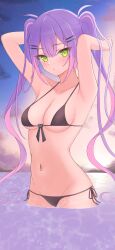 Rule 34 | 1girl, :&lt;, absurdres, armpits, bikini, black bikini, blush, breasts, chocomaru, commentary, green eyes, hair ornament, highres, hololive, in water, long hair, looking at viewer, medium breasts, multicolored hair, navel, navel piercing, open mouth, outdoors, piercing, pink hair, purple hair, solo, swimsuit, tokoyami towa, twintails, virtual youtuber