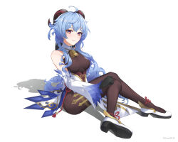 Rule 34 | 1girl, absurdres, ahoge, aoba ao, bare shoulders, black gloves, black pantyhose, blue hair, bodystocking, commentary request, detached sleeves, ganyu (genshin impact), genshin impact, gloves, grin, high-waist skirt, highres, horns, long hair, long sleeves, looking at viewer, pantyhose, purple eyes, shoes, simple background, sitting, skirt, smile, solo, thighs, very long hair, white background, white footwear, white skirt, wide sleeves
