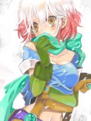 Rule 34 | 1girl, gloves, midriff, multicolored hair, navel, pascal (tales), red hair, scarf, short hair, solo, tales of (series), tales of graces, white hair, yellow eyes