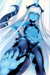 Rule 34 | 001 (darling in the franxx), 1girl, absurdres, blue eyes, blue skin, blunt bangs, breasts, cameltoe, cleft of venus, closed mouth, colored skin, covered erect nipples, criss-cross halter, darling in the franxx, expressionless, feet, from below, halterneck, hands on own hips, highres, horns, long hair, long toenails, looking at viewer, midriff, navel, scan, sidelocks, single horn, small breasts, soles, solo, standing, tail, toenails, toes, very long hair, white hair, yabuki kentarou