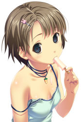 Rule 34 | 1girl, blue eyes, brown hair, camisole, hair ornament, hairclip, jewelry, koutaro, necklace, original, popsicle, sexually suggestive, short hair, solo, strap slip