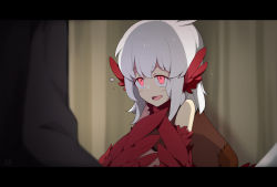 Rule 34 | 1girl, animal ears, bird ears, black souls, blush, chinese commentary, commentary request, feathered wings, feathers, goose (black souls), harpy, highres, letterboxed, long hair, looking at another, monster girl, nervous, open mouth, pink eyes, pupa jiang, rags, red feathers, red wings, solo focus, white hair, winged arms, wings