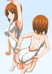 Rule 34 | 1girl, absurdres, adjusting clothes, adjusting swimsuit, arm up, armpits, aster90, blue background, blush, breasts, brown eyes, brown hair, girls und panzer, groping, highres, medium breasts, multiple views, nishizumi miho, one-piece swimsuit, short hair, sweat, swimsuit