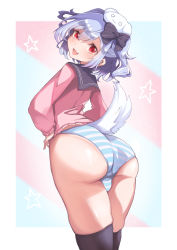 Rule 34 | 1boy, absurdres, artist request, ass, blush, bow, bulge, crossdressing, dog tail, fang, from behind, hair bow, hair ornament, highres, huge ass, inuyama tamaki, long hair, looking at viewer, looking back, no pants, noripro, open mouth, panties, red eyes, school uniform, shiny skin, silver hair, smile, solo, striped clothes, striped panties, tail, thick thighs, thighhighs, thighs, trap, twintails, underwear, virtual youtuber