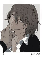 Rule 34 | 2boys, akechi gorou, border, brown hair, closed mouth, collared shirt, commentary request, dated, hair between eyes, hand on another&#039;s face, kaninn, long sleeves, male focus, multiple boys, partially unbuttoned, persona, persona 5, pov, pov hands, red eyes, shidou masayoshi, shirt, short hair, smile, solo focus, upper body, white border, white shirt, yaoi