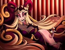 Rule 34 | 1girl, aisu roaile, apple, black gloves, black lips, blonde hair, blush, breasts, couch, crown, curled horns, demon girl, demon horns, dress, elbow gloves, fingernails, food, fruit, gloves, grin, hand on own chest, hat, hazbin hotel, highres, horns, jewelry, large breasts, lilith (hazbin hotel), long hair, looking at viewer, lying, makeup, necklace, on couch, on side, pelvic curtain, red eyes, ring, sharp fingernails, sidelocks, sleeveless, sleeveless dress, slit pupils, smile, snake, solo, very long hair, white snake