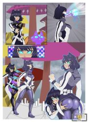 Rule 34 | 1girl, animal ears, ass, ass grab, black hair, blake belladonna, blue eyes, boots, cat ears, cm artist, coat, comic, corruption, curious cat (rwby), dark persona, deep skin, dual persona, grabbing own ass, possessed, possession, rooster teeth, roosterteeth, rwby, selfcest, short hair, silent comic, thigh boots, vore