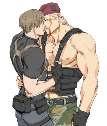 Rule 34 | 2boys, bara, belt, beret, black belt, black gloves, black pants, black shirt, blonde hair, blood, blood on face, brown hair, camouflage, camouflage pants, couple, fingerless gloves, gloves, green pants, hat, holster, large pectorals, leon s. kennedy, male focus, multiple boys, muscular, muscular male, nipples, pants, pectorals, resident evil, resident evil 4, resident evil 4 (remake), shirt, short hair, shoulder holster, simple background, tatsumi (psmhbpiuczn), white background, yaoi