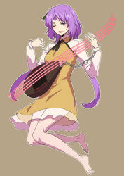 Rule 34 | 1girl, barefoot, biwa lute, brown background, chain, dress, flower, full body, hair flower, hair ornament, highres, holding, holding instrument, instrument, kakone, long hair, long sleeves, looking at viewer, lute (instrument), one-hour drawing challenge, one eye closed, open mouth, purple eyes, purple hair, simple background, solo, touhou, tsukumo benben, yellow dress