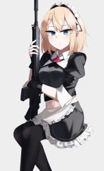 Rule 34 | 1girl, absurdres, apron, assault rifle, black gloves, black pantyhose, black skirt, blonde hair, blue eyes, braid, breasts, closed mouth, feet out of frame, g36 (girls&#039; frontline), g36 (mod3) (girls&#039; frontline), girls&#039; frontline, gloves, gun, h&amp;k g36, highres, hinami047, holding, holding gun, holding weapon, light blush, looking at viewer, maid apron, maid headdress, medium breasts, medium hair, mod3 (girls&#039; frontline), navel, pantyhose, partially fingerless gloves, rifle, sitting, skirt, sleeves rolled up, solo, weapon, white apron, white background
