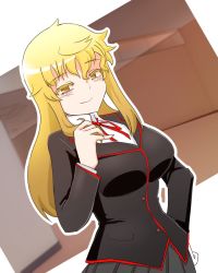 Rule 34 | 1girl, ahoge, black suit, blonde hair, blouse, breasts, collared shirt, colored eyelashes, commentary request, curly hair, eyelashes, formal, grey skirt, hair between eyes, hallway, hand in own hair, hand on own chest, hand on own hip, indoors, isabeau de baviere (madoka magica), jitome, large breasts, long sleeves, magia record: mahou shoujo madoka magica gaiden, mahou shoujo madoka magica, mahou shoujo tart magica, mature female, messy hair, office lady, official alternate costume, pleated skirt, pocket, red ribbon, ribbon, ringed eyes, shirt, sidelocks, skirt, smile, solo, sonohi210, suit, upper body, wavy hair, white shirt, yellow eyes